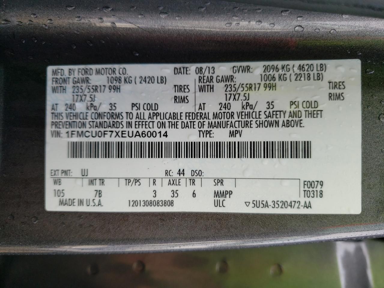 Photo 10 from auction – 2014 FORD ESCAPE S with VIN 1FMCU0F7XEUA60014