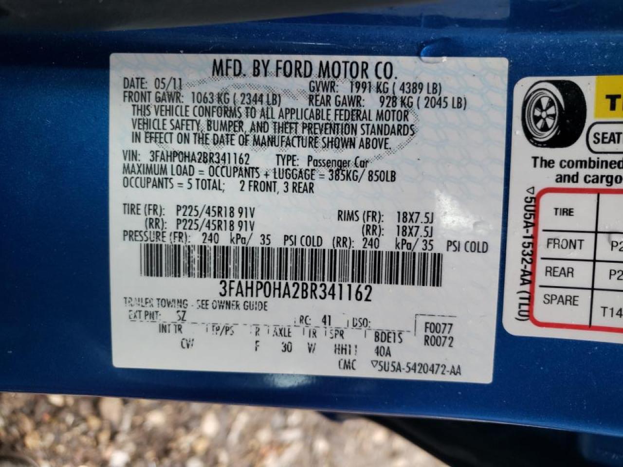 Photo 10 from auction – 2011 FORD FUSION SE with VIN 3FAHP0HA2BR341162