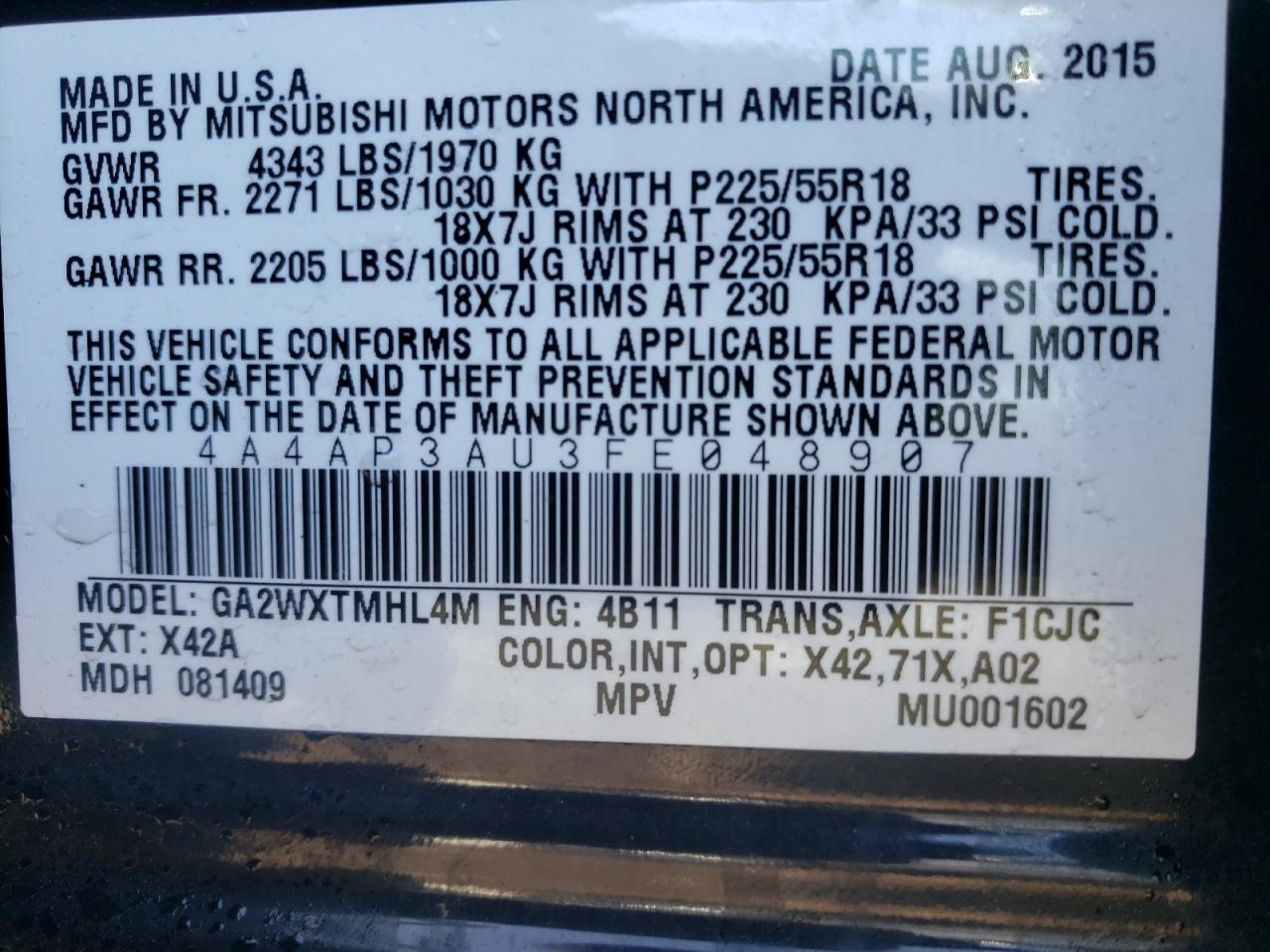 Photo 10 from auction – 2015 MITSUBISHI OUTLANDER with VIN 4A4AP3AU3FE048907