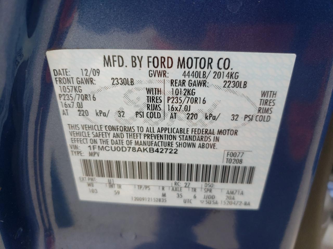 Photo 10 from auction – 2010 FORD ESCAPE XLT with VIN 1FMCU0D78AKB42722