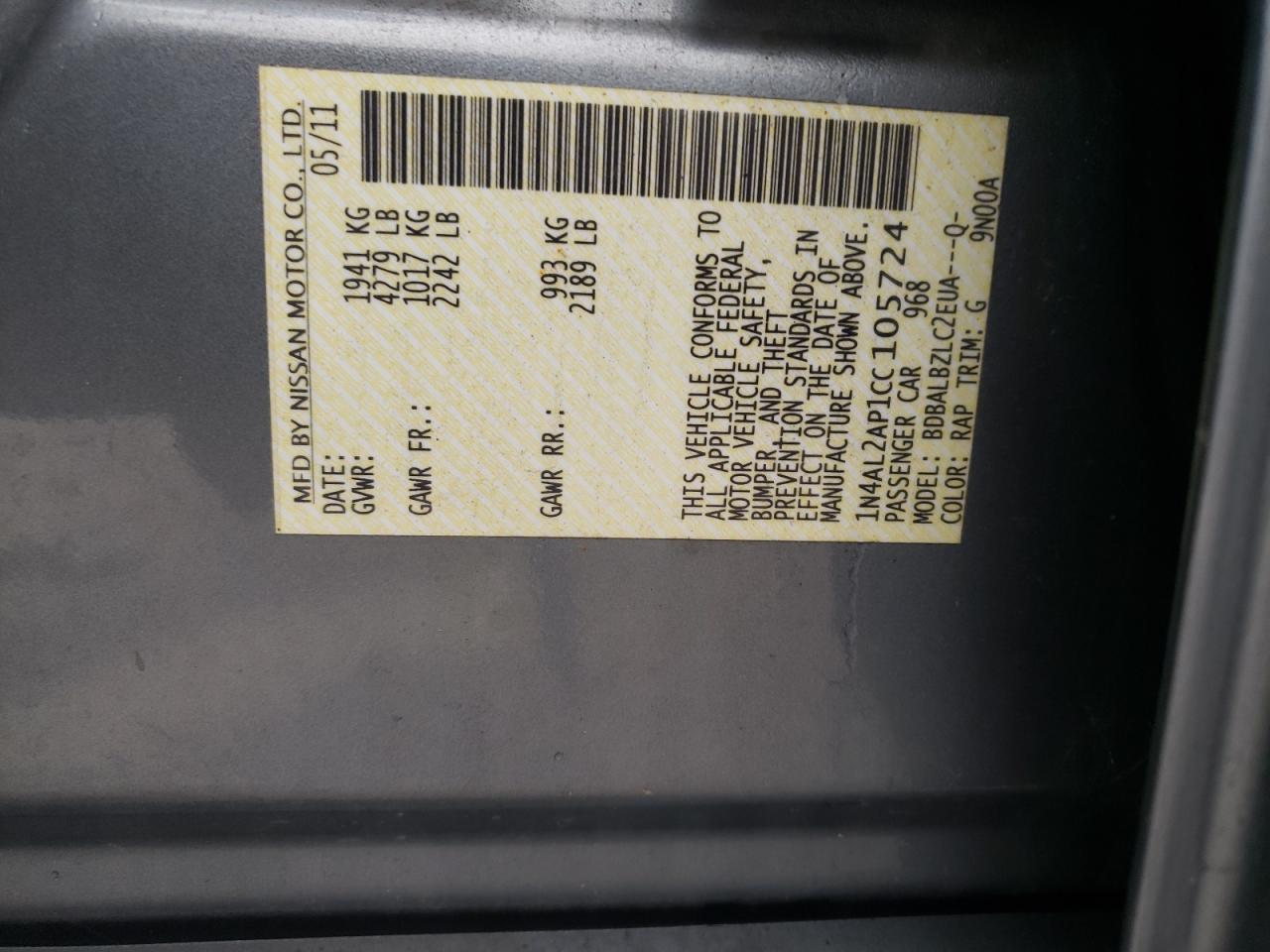 Photo 10 from auction – 2012 NISSAN ALTIMA BAS with VIN 1N4AL2AP1CC105724