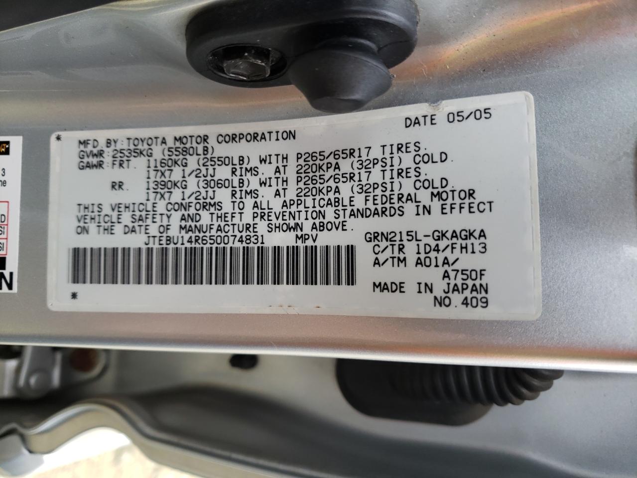 Photo 10 from auction – 2005 TOYOTA 4RUNNER SR with VIN JTEBU14R650074831