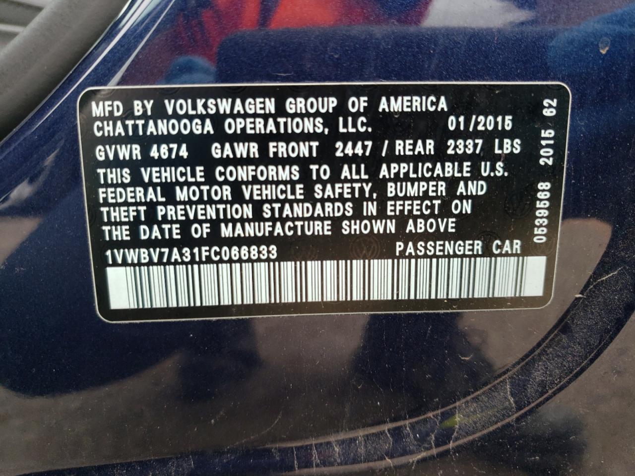 Photo 10 from auction – 2015 VOLKSWAGEN PASSAT SE with VIN 1VWBV7A31FC066833