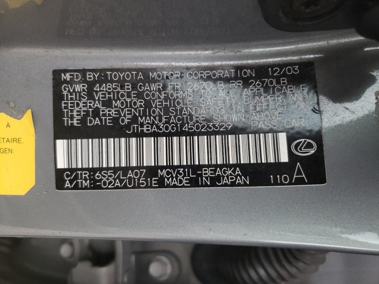 Photo 10 from auction – 2004 LEXUS ES 330 with VIN JTHBA30G145023329