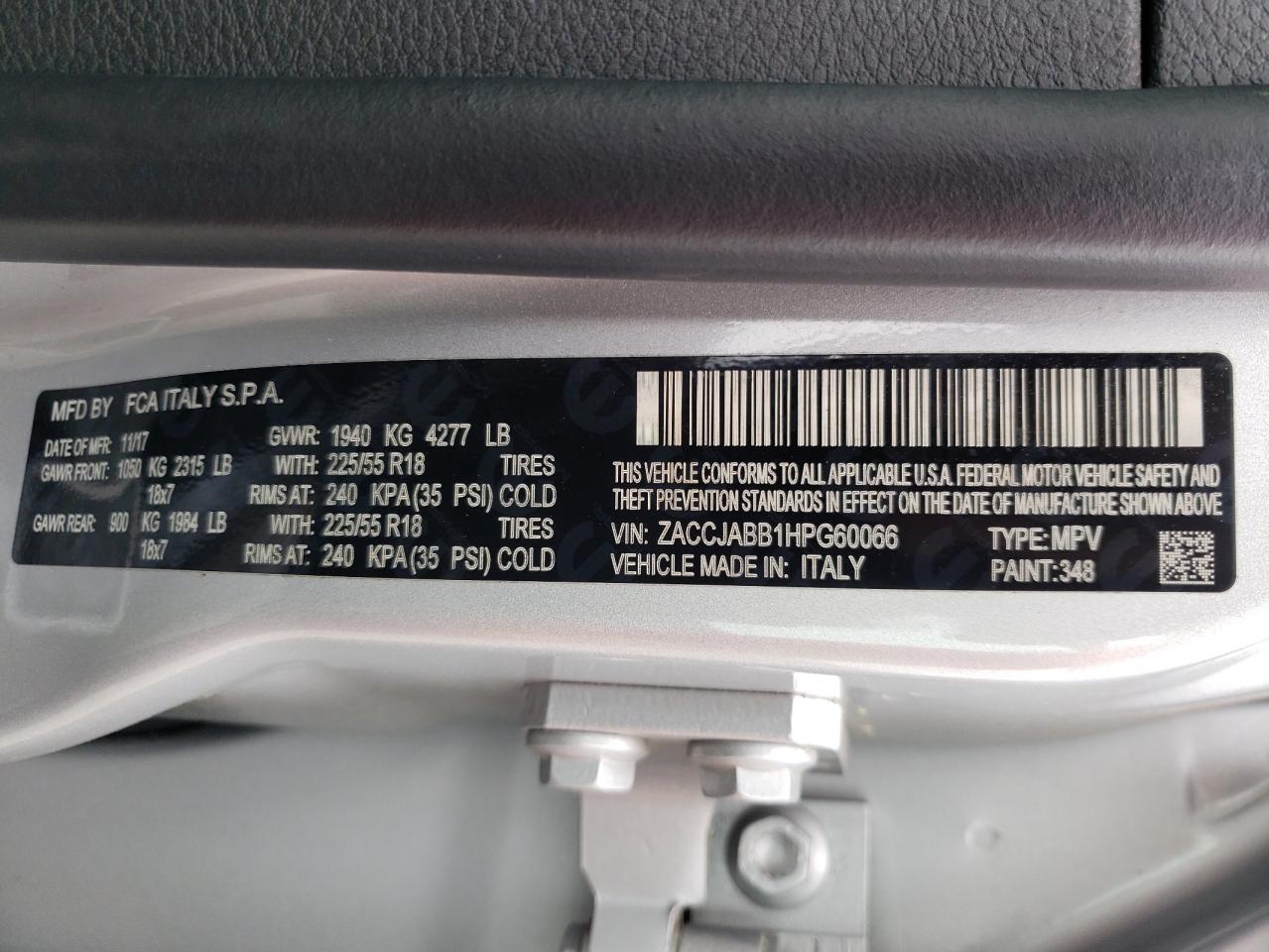 Photo 10 from auction – 2017 JEEP RENEGADE L with VIN ZACCJABB1HPG60066