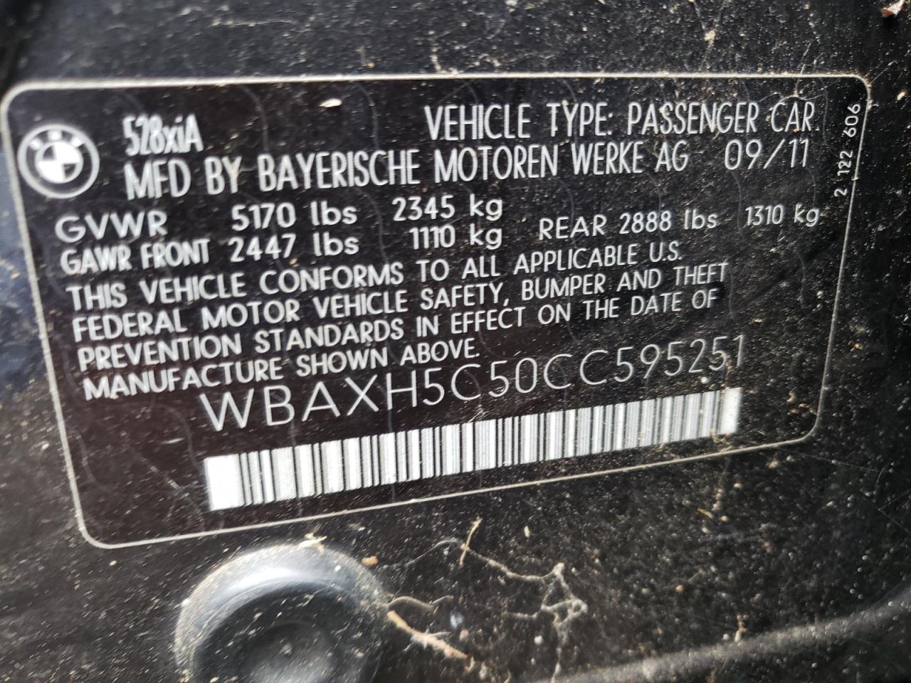 Photo 10 from auction – 2012 BMW 528 XI with VIN WBAXH5C50CC595251