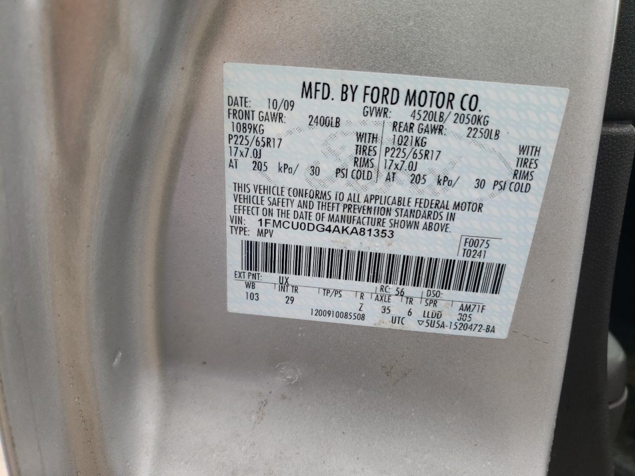 Photo 10 from auction – 2010 FORD ESCAPE XLT with VIN 1FMCU0DG4AKA81353