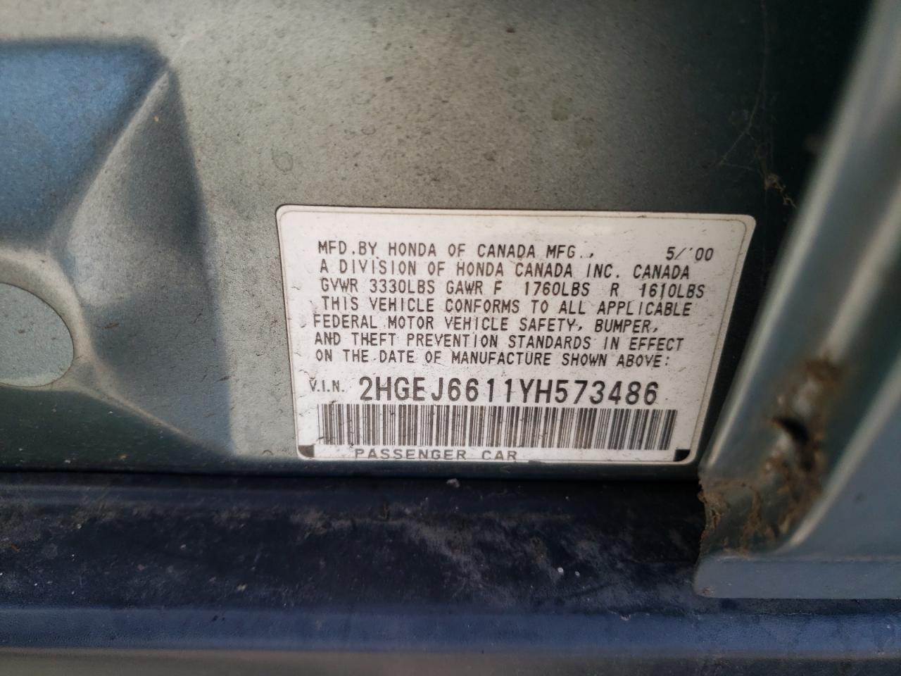 Photo 10 from auction – 2000 HONDA CIVIC BASE with VIN 2HGEJ6611YH573486
