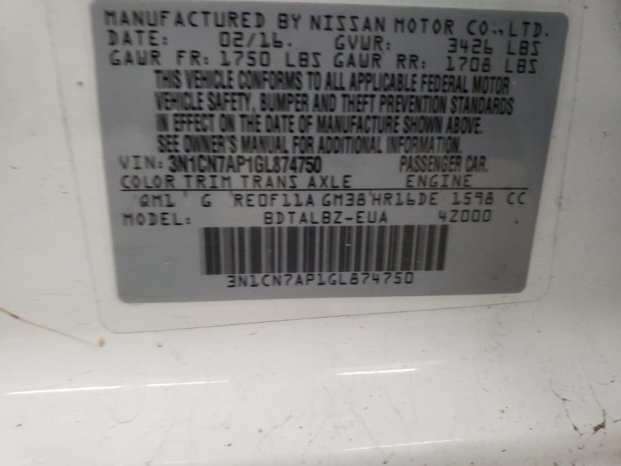 Photo 10 from auction – 2016 NISSAN VERSA S with VIN 3N1CN7AP1GL874750