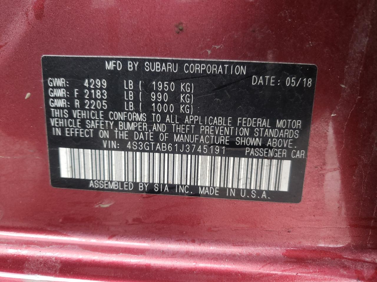 Photo 10 from auction – 2018 SUBARU IMPREZA PR with VIN 4S3GTAB61J3745191