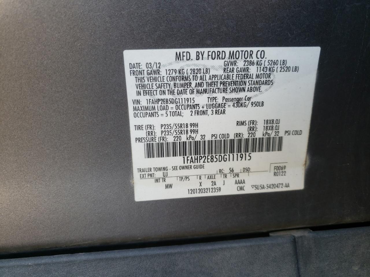 Photo 10 from auction – 2013 FORD TAURUS SEL with VIN 1FAHP2E85DG111915