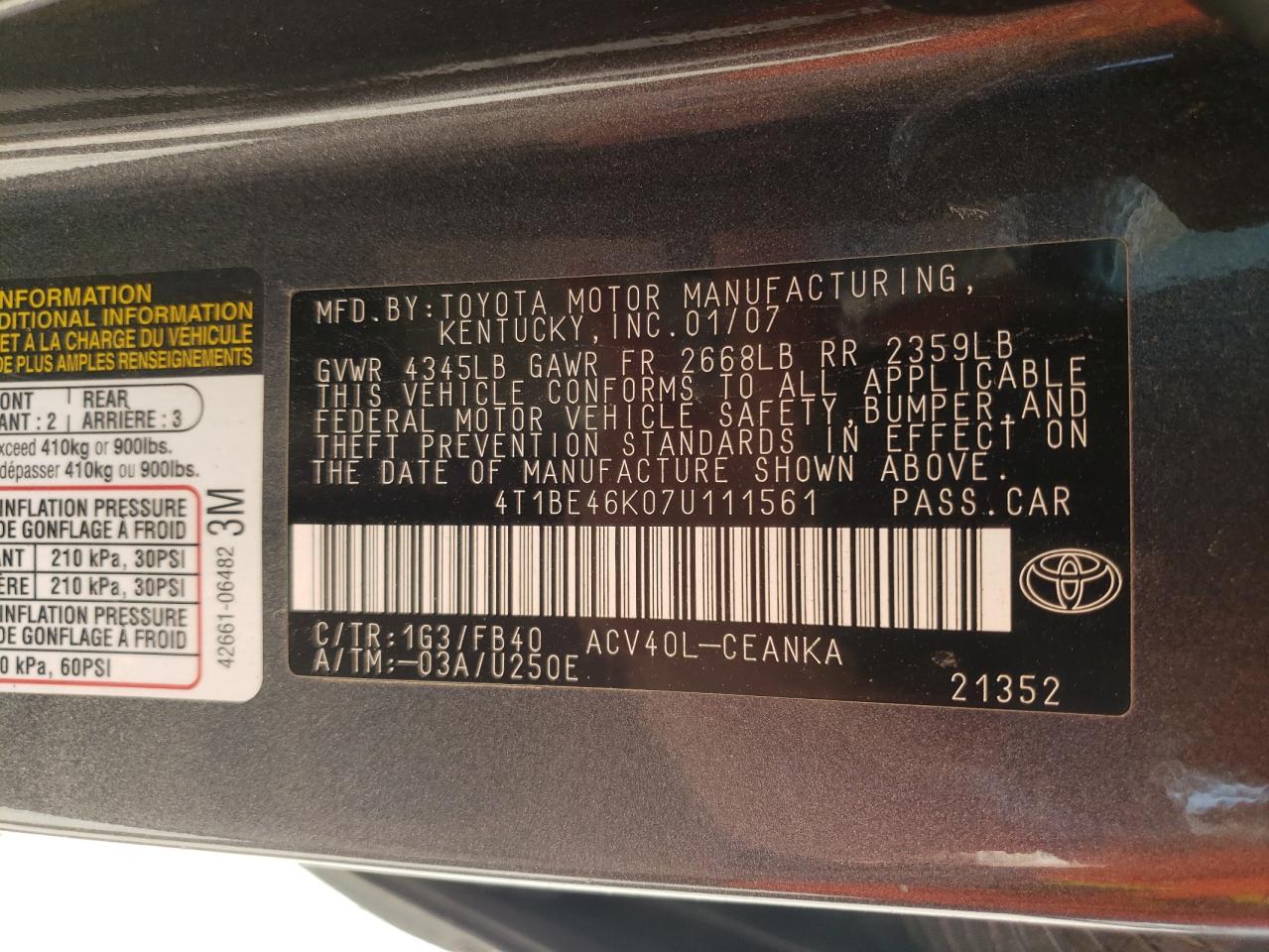 Photo 10 from auction – 2007 TOYOTA CAMRY CE with VIN 4T1BE46K07U111561