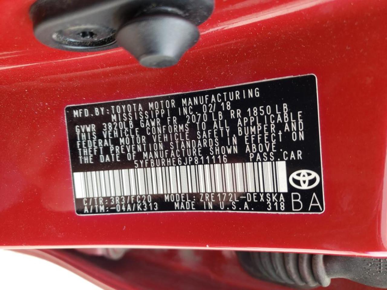 Photo 10 from auction – 2018 TOYOTA COROLLA L with VIN 5YFBURHE6JP811116