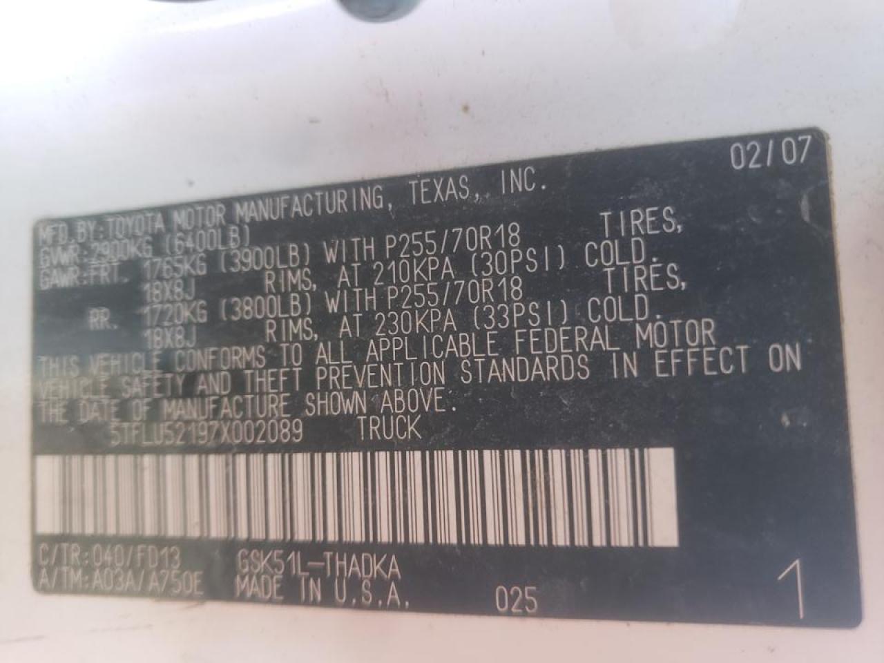 Photo 10 from auction – 2007 TOYOTA TUNDRA with VIN 5TFLU52197X002089