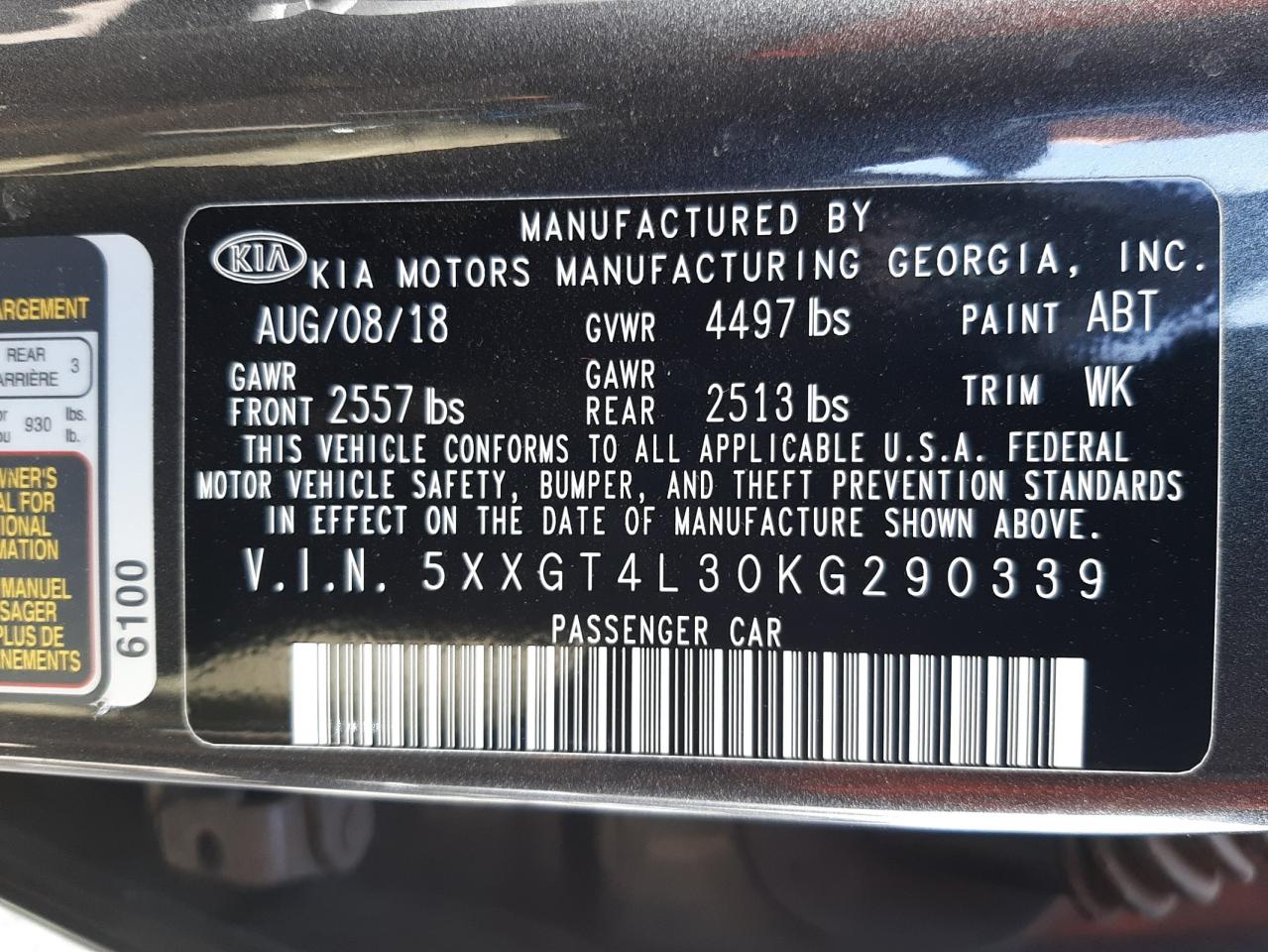 Photo 10 from auction – 2019 KIA OPTIMA LX with VIN 5XXGT4L30KG290339