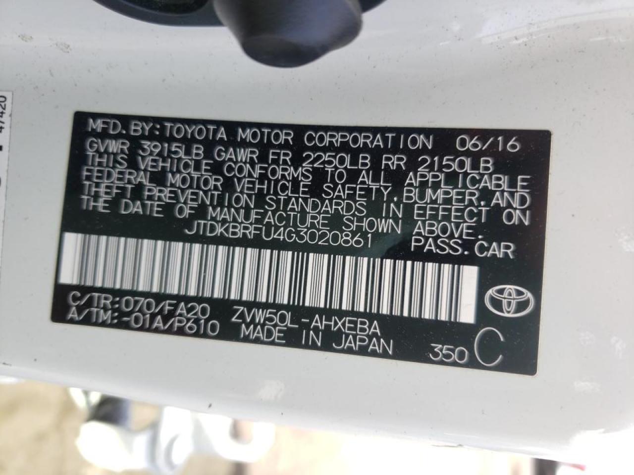 Photo 10 from auction – 2016 TOYOTA PRIUS with VIN JTDKBRFU4G3020861