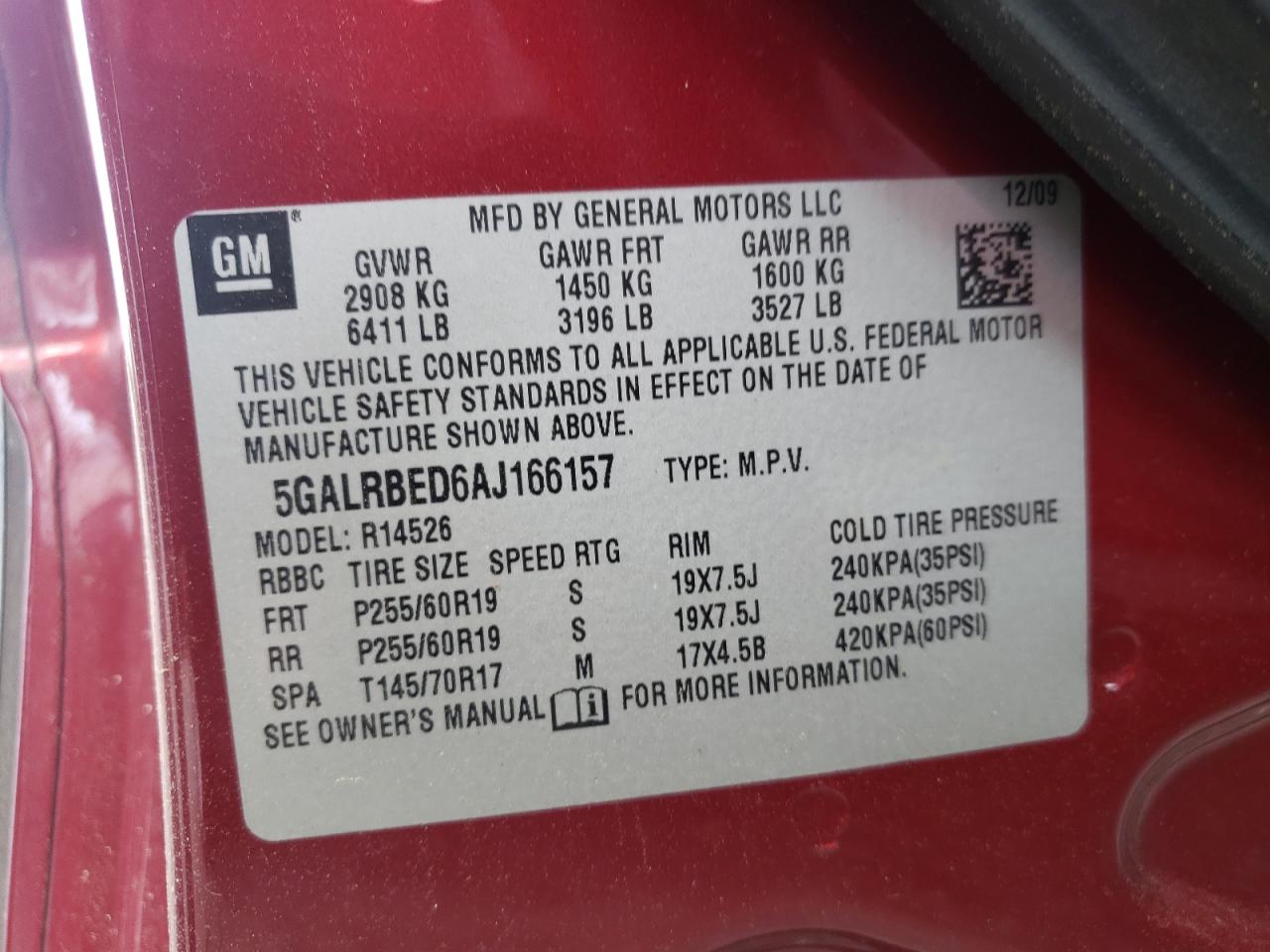 Photo 10 from auction – 2010 BUICK ENCLAVE CX with VIN 5GALRBED6AJ166157