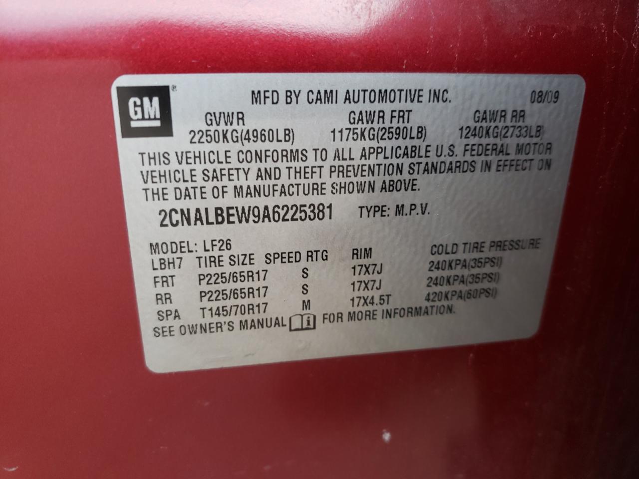 Photo 10 from auction – 2010 CHEVROLET EQUINOX LS with VIN 2CNALBEW9A6225381