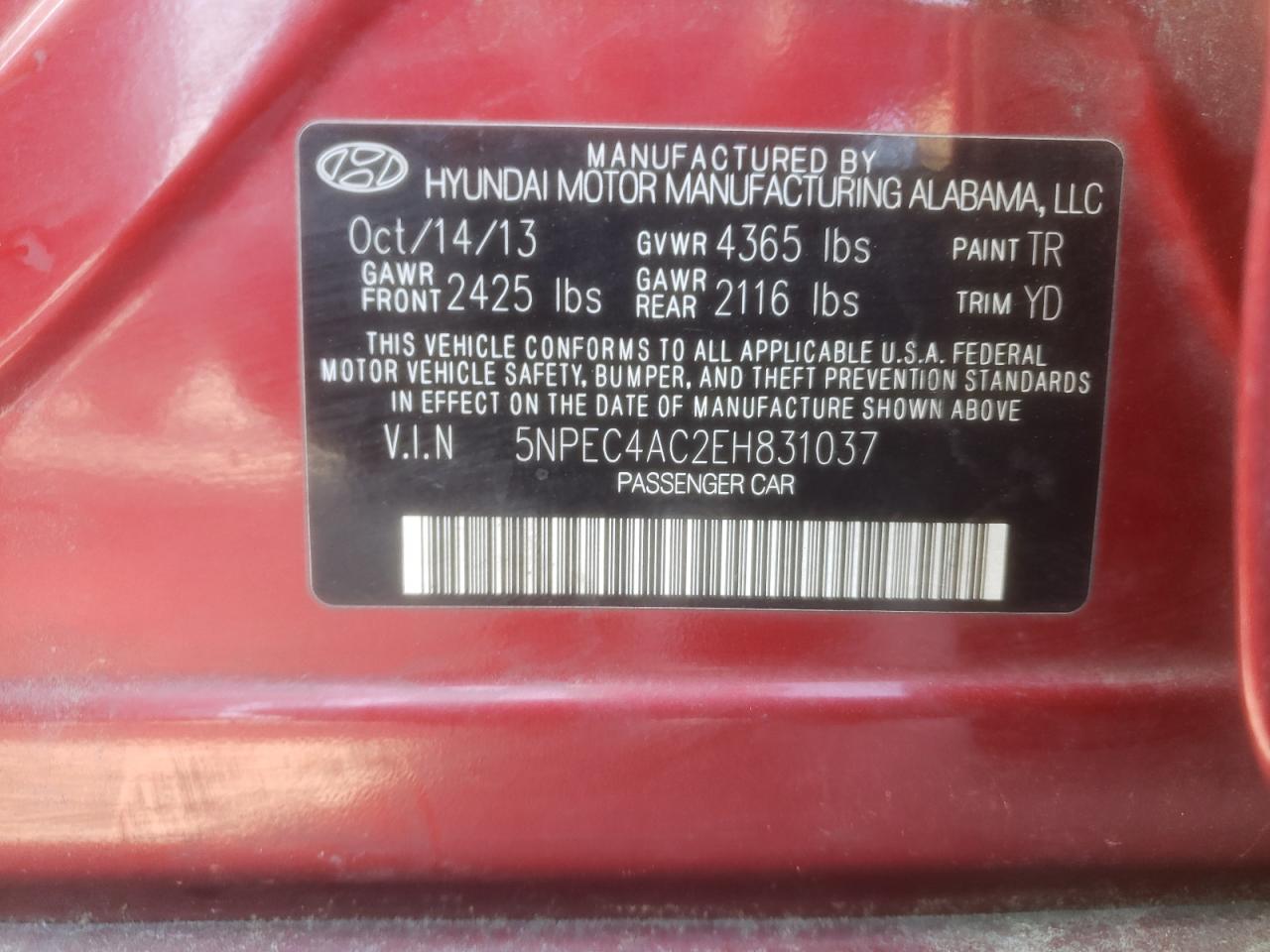 Photo 10 from auction – 2014 HYUNDAI SONATA SE with VIN 5NPEC4AC2EH831037