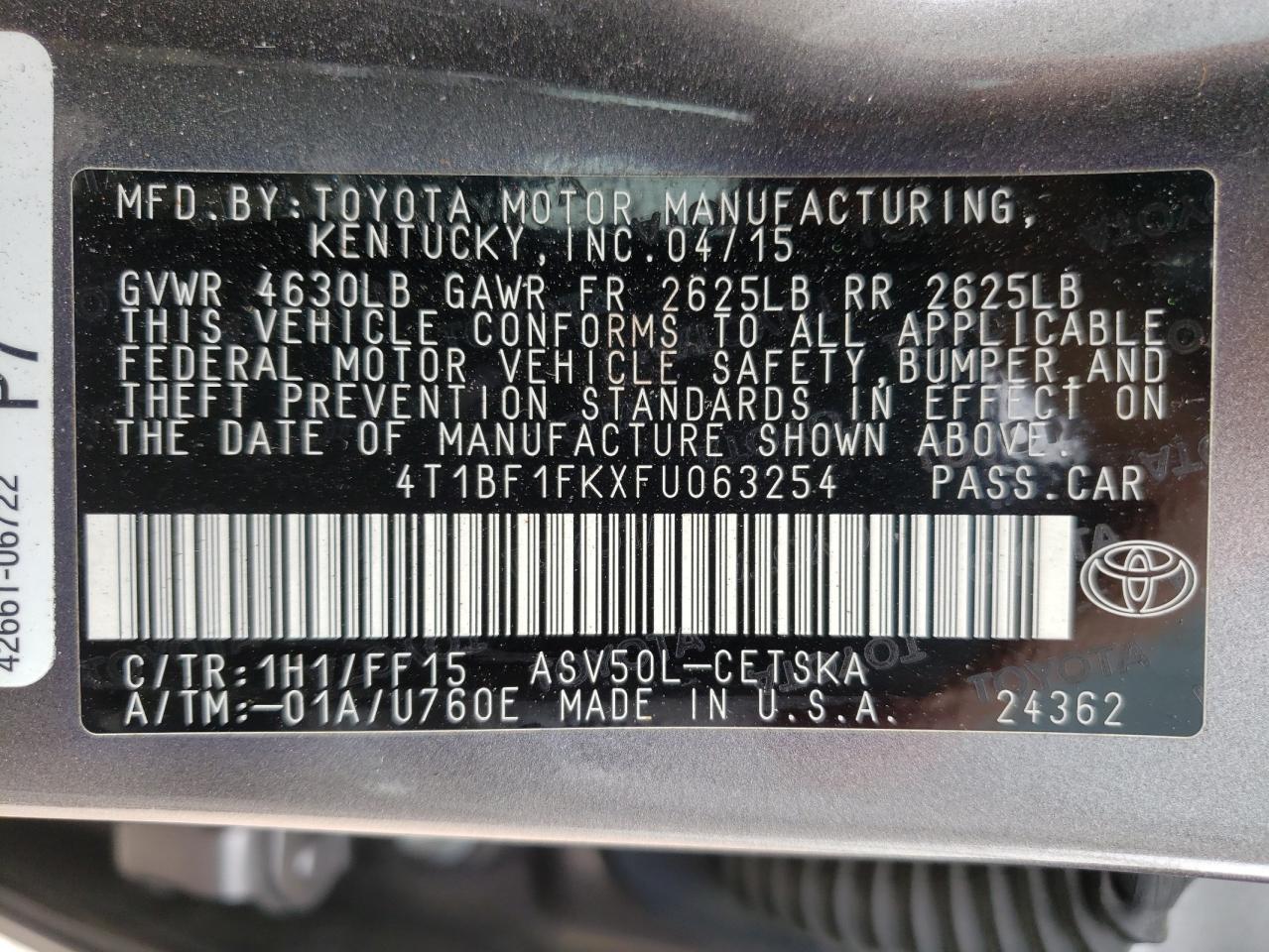 Photo 10 from auction – 2015 TOYOTA CAMRY LE with VIN 4T1BF1FKXFU063254