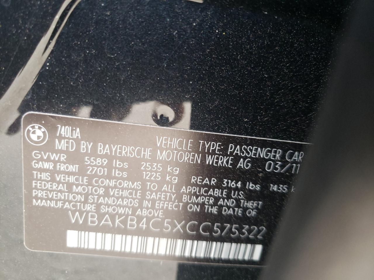 Photo 10 from auction – 2012 BMW 740 LI with VIN WBAKB4C5XCC575322