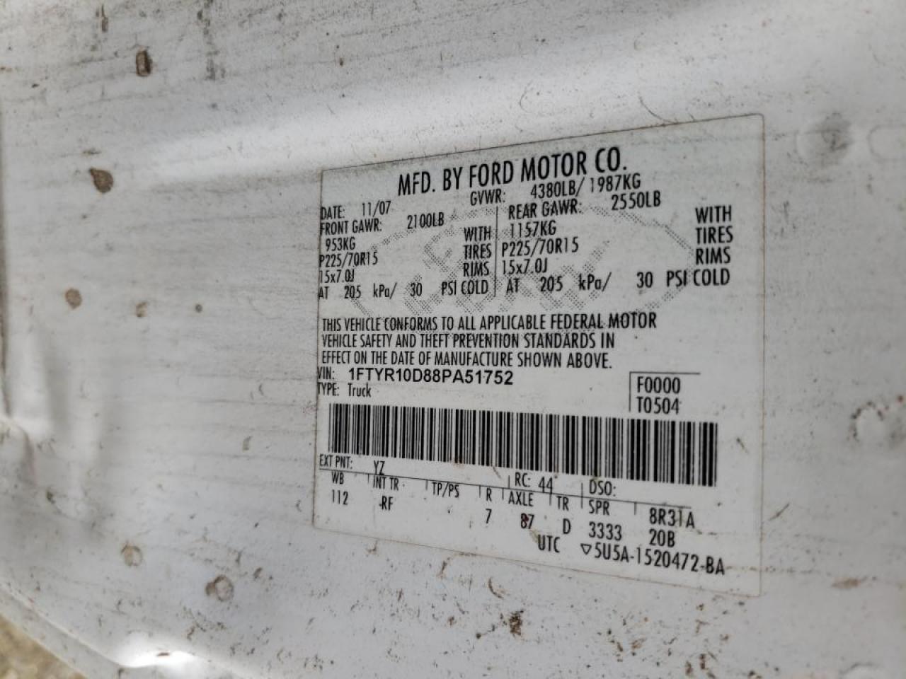 Photo 10 from auction – 2008 FORD RANGER with VIN 1FTYR10D88PA51752