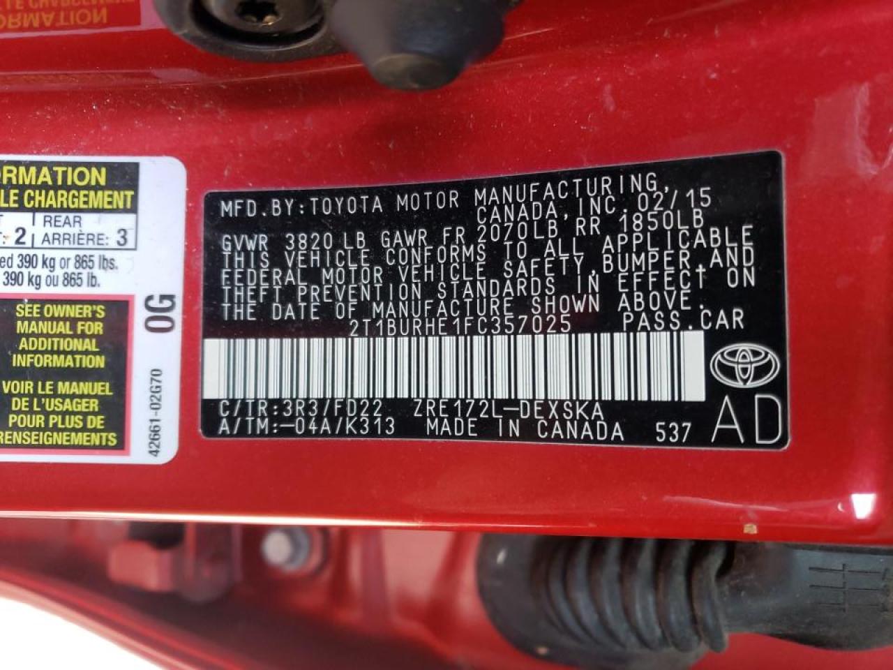 Photo 10 from auction – 2015 TOYOTA COROLLA L with VIN 2T1BURHE1FC357025
