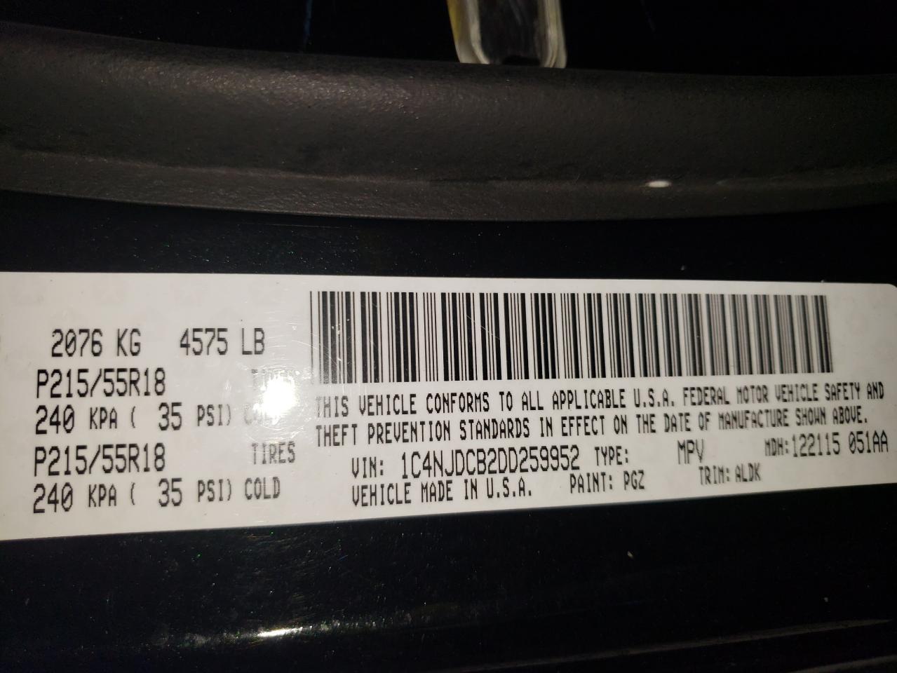 Photo 10 from auction – 2013 JEEP COMPASS LI with VIN 1C4NJDCB2DD259952