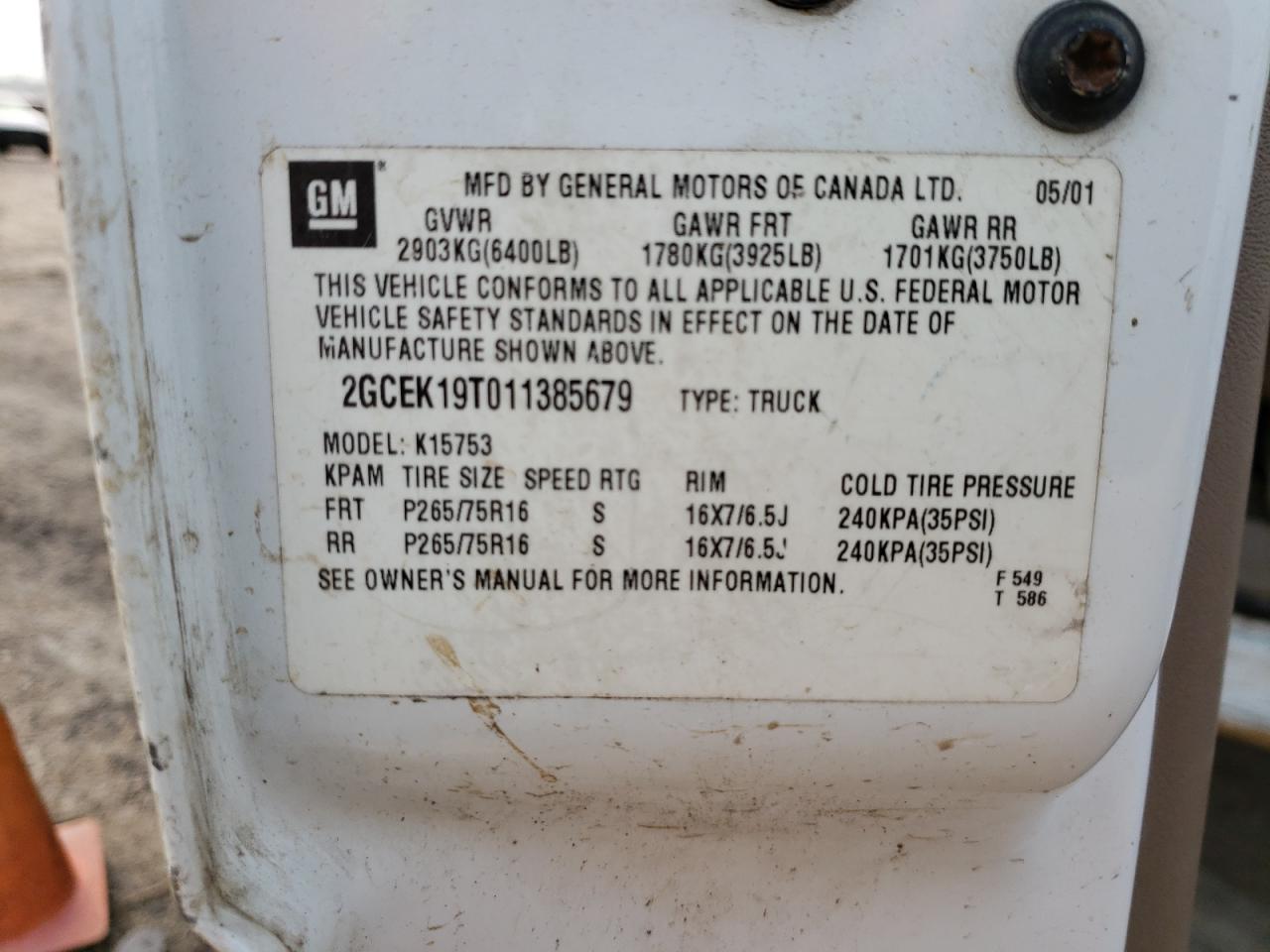Photo 10 from auction – 2001 CHEVROLET SILVERADO with VIN 2GCEK19T011385679