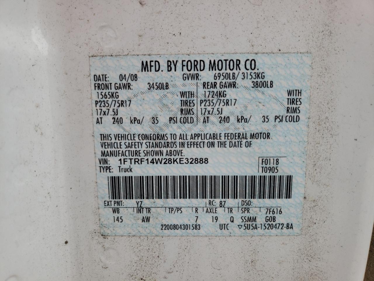 Photo 10 from auction – 2008 FORD F150 with VIN 1FTRF14W28KE32888