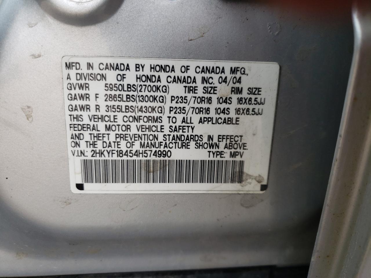 Photo 10 from auction – 2004 HONDA PILOT EX with VIN 2HKYF18454H574990