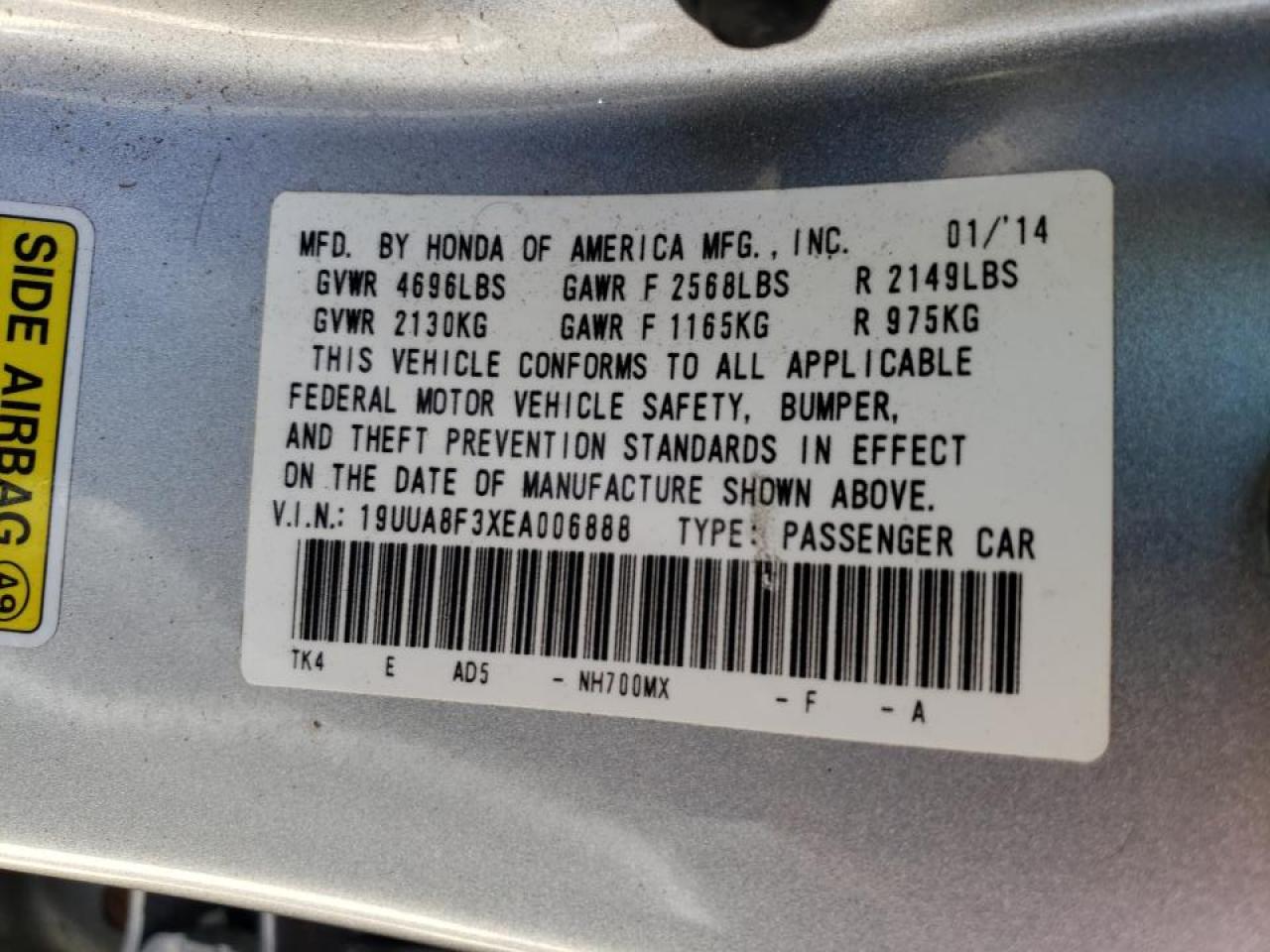 Photo 10 from auction – 2014 ACURA TL SE with VIN 19UUA8F3XEA006888