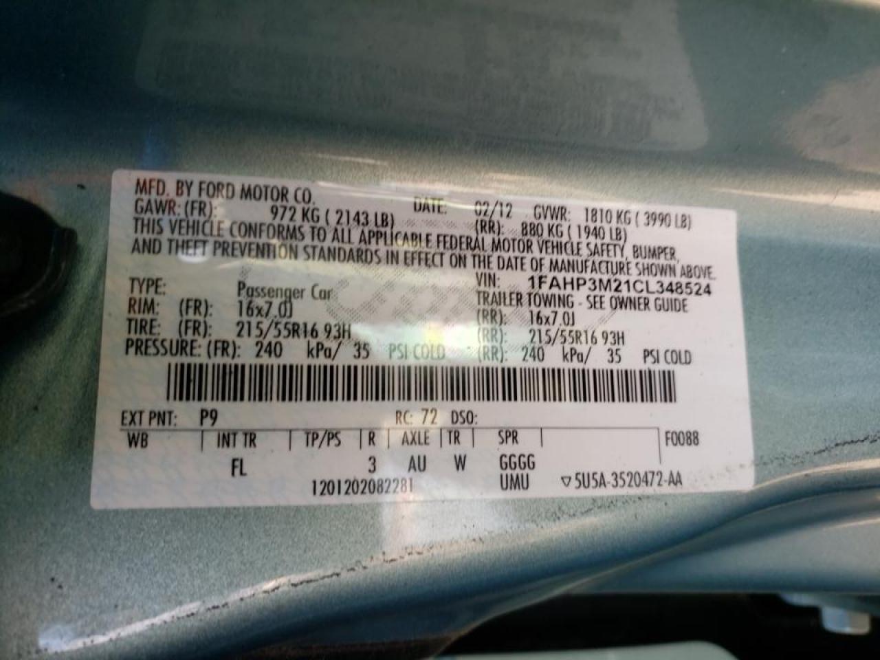 Photo 10 from auction – 2012 FORD FOCUS SEL with VIN 1FAHP3M21CL348524