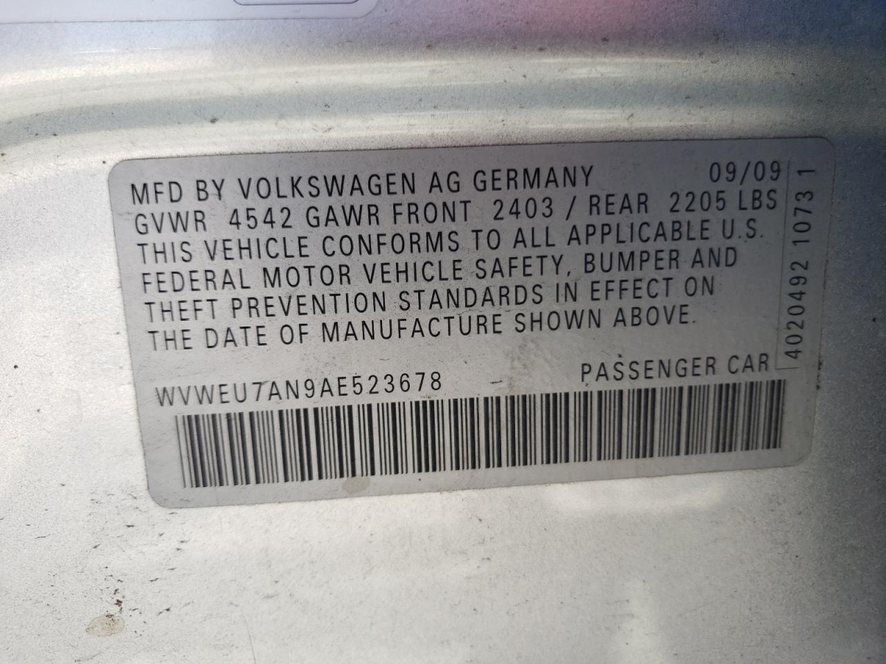 Photo 10 from auction – 2010 VOLKSWAGEN CC VR6 with VIN WVWEU7AN9AE523678