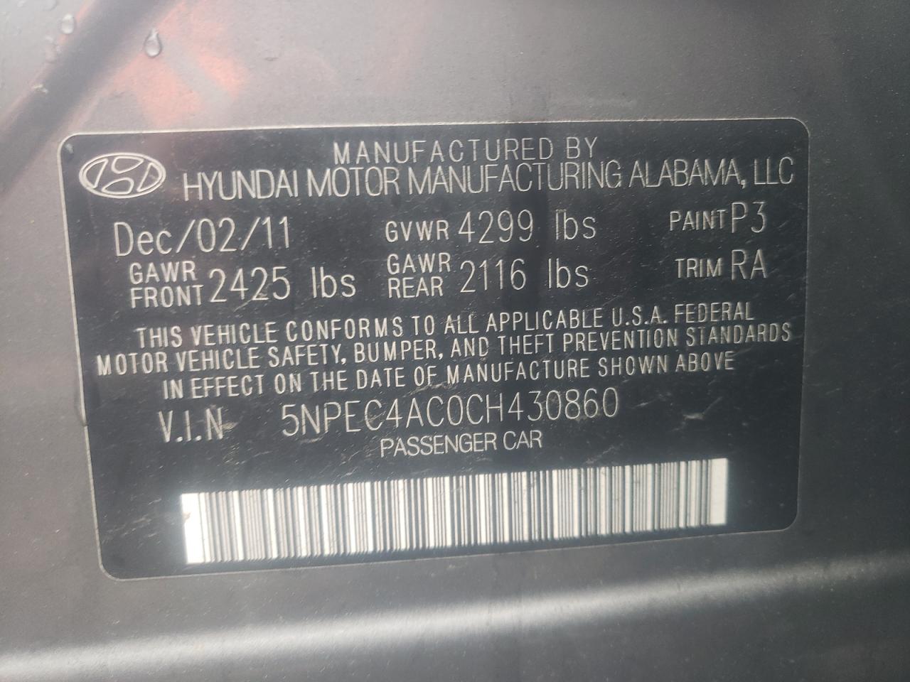 Photo 10 from auction – 2012 HYUNDAI SONATA SE with VIN 5NPEC4AC0CH430860