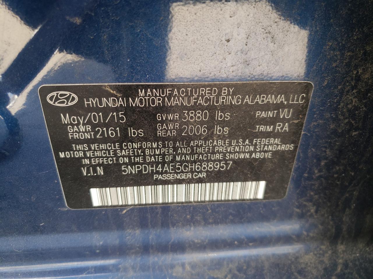 Photo 10 from auction – 2016 HYUNDAI ELANTRA SE with VIN 5NPDH4AE5GH688957