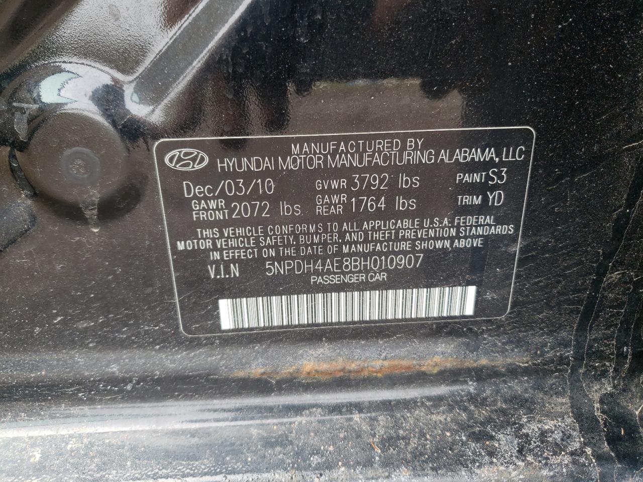 Photo 10 from auction – 2011 HYUNDAI ELANTRA GL with VIN 5NPDH4AE8BH010907
