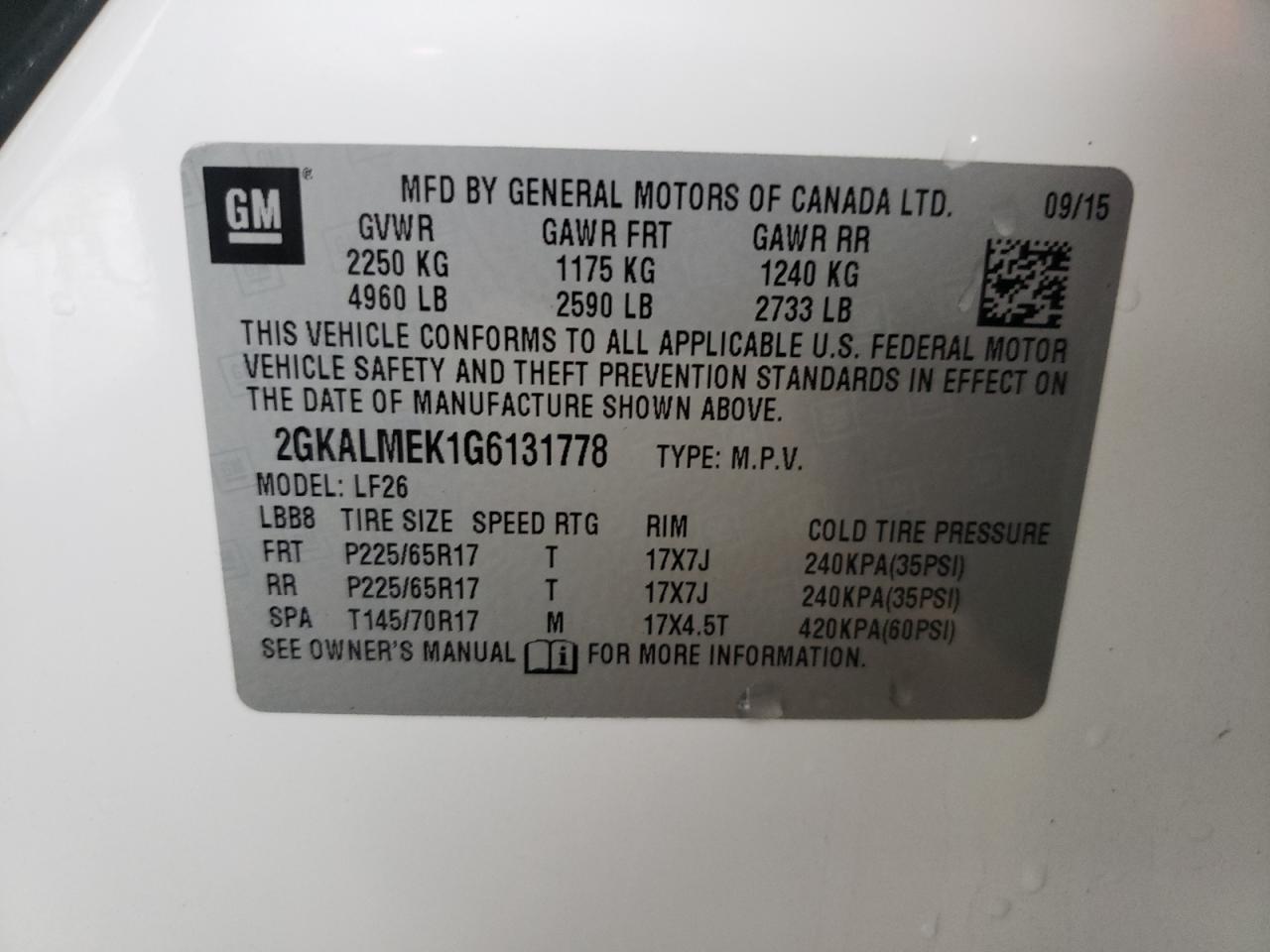 Photo 10 from auction – 2016 GMC TERRAIN SL with VIN 2GKALMEK1G6131778