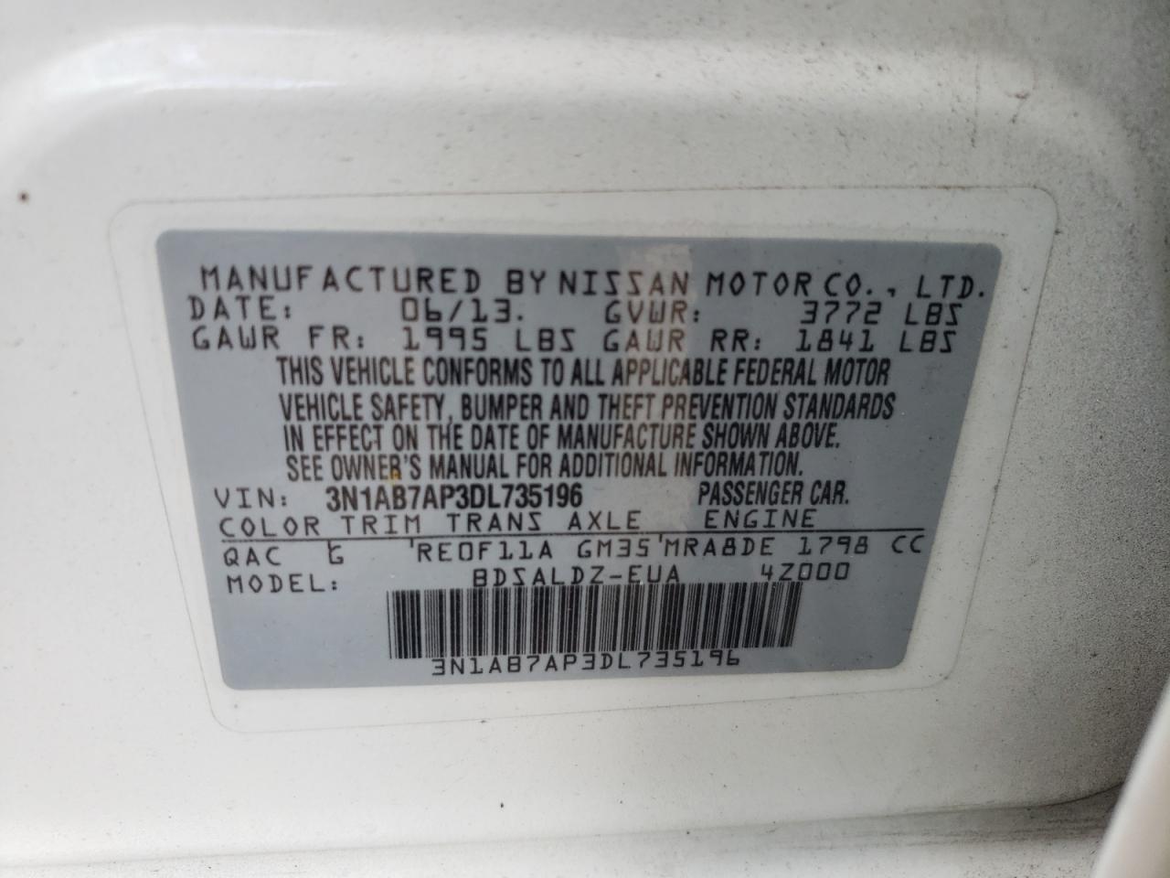 Photo 10 from auction – 2013 NISSAN SENTRA S with VIN 3N1AB7AP3DL735196