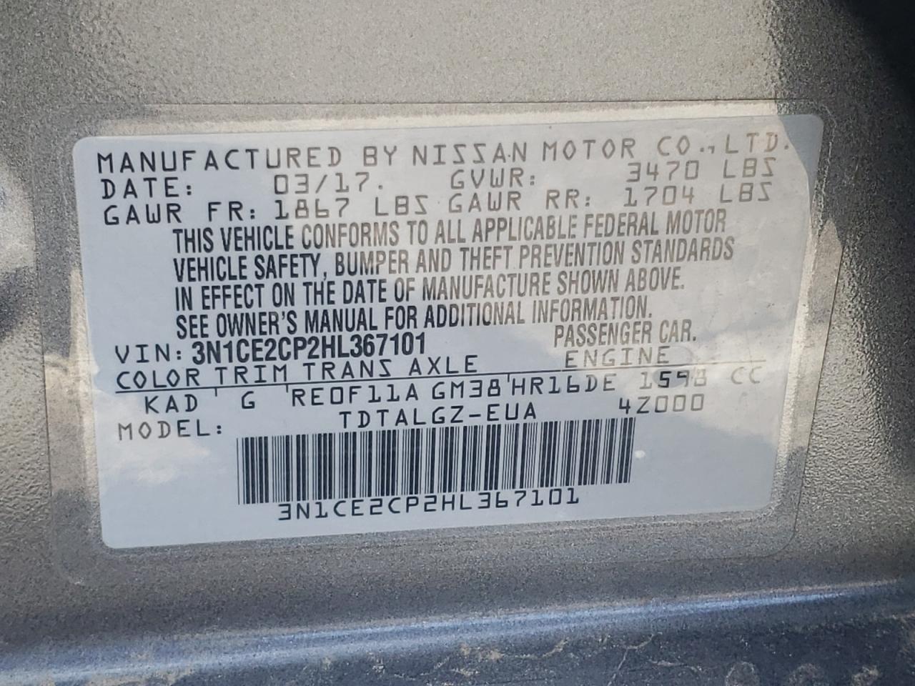 Photo 10 from auction – 2017 NISSAN VERSA NOTE with VIN 3N1CE2CP2HL367101