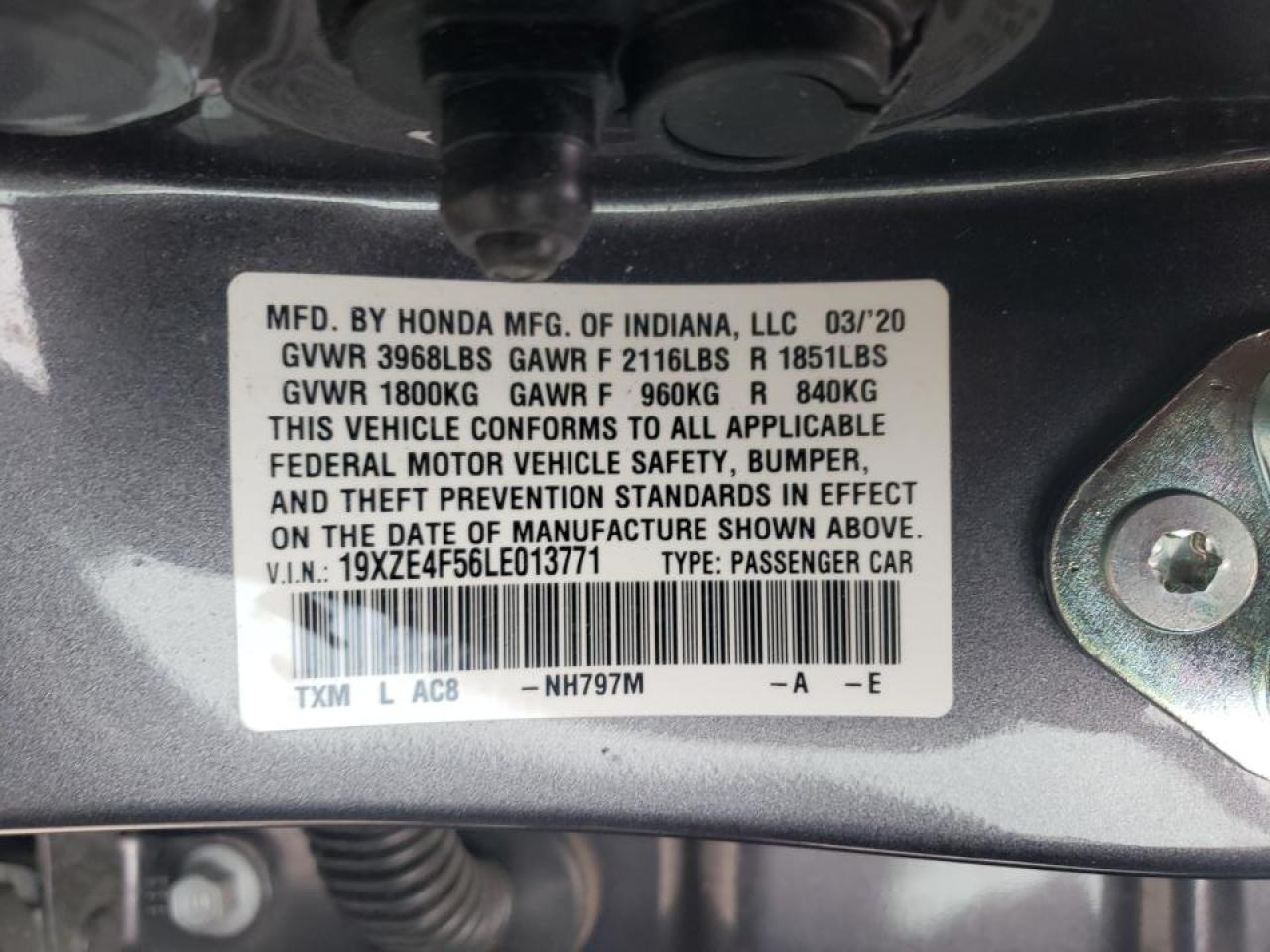 Photo 10 from auction – 2020 HONDA INSIGHT EX with VIN 19XZE4F56LE013771