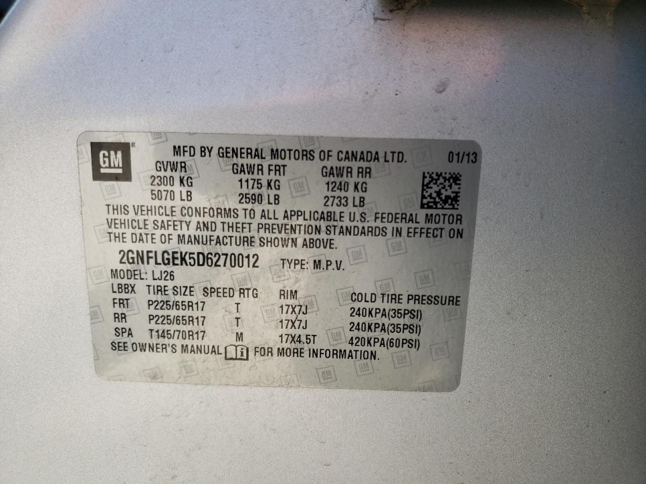 Photo 10 from auction – 2013 CHEVROLET EQUINOX LT with VIN 2GNFLGEK5D6270012