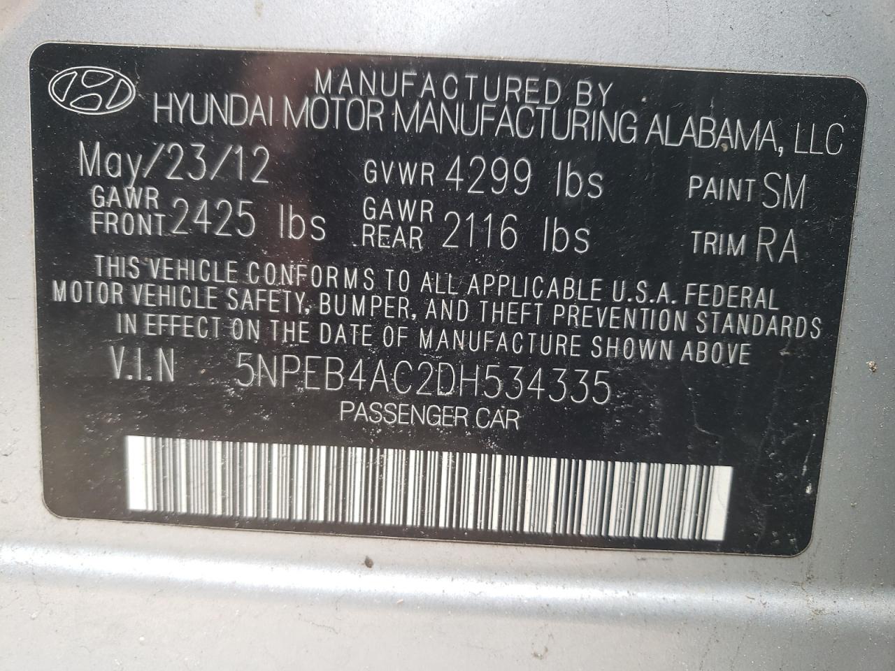 Photo 10 from auction – 2013 HYUNDAI SONATA GLS with VIN 5NPEB4AC2DH534335
