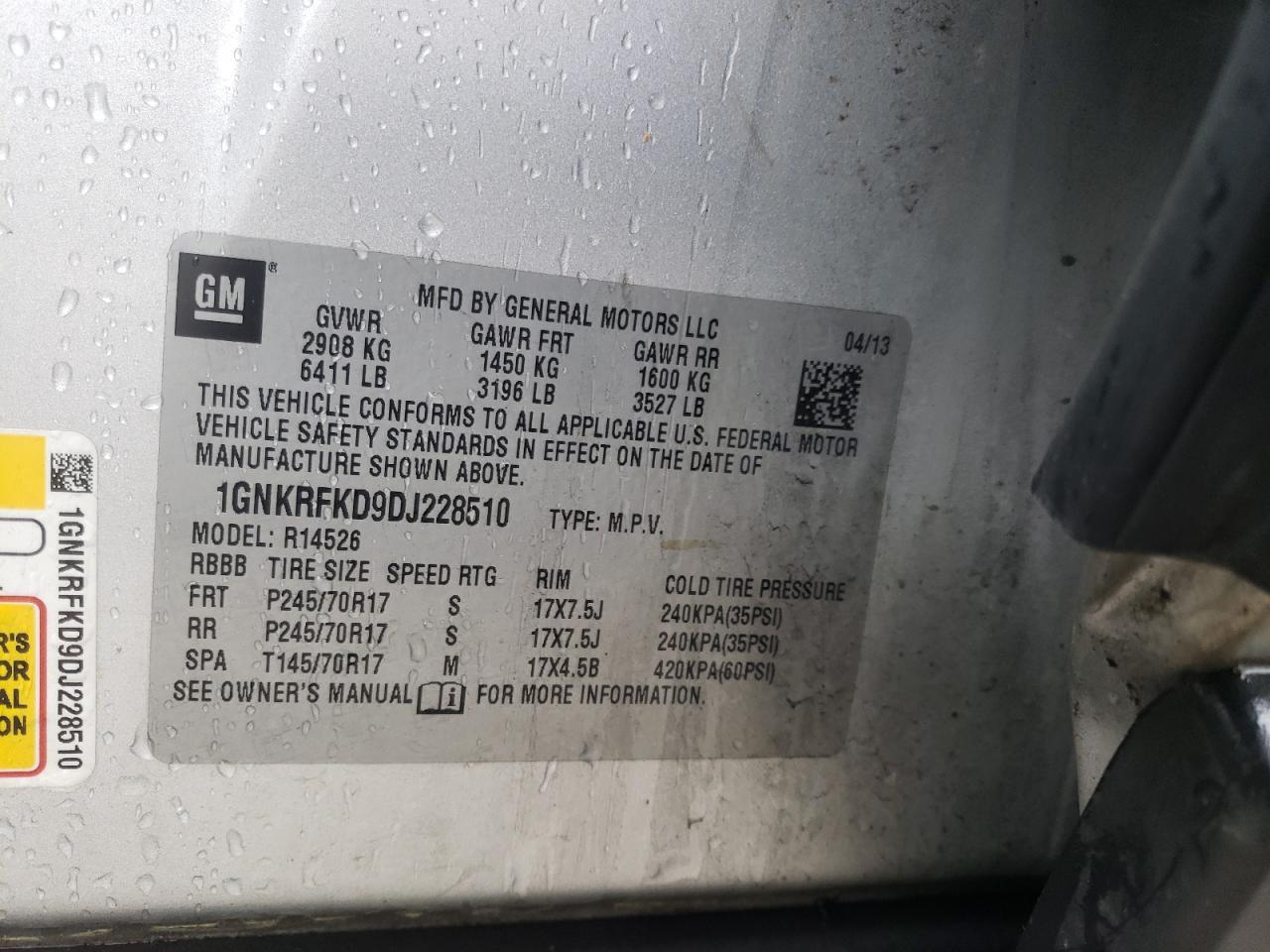 Photo 10 from auction – 2013 CHEVROLET TRAVERSE L with VIN 1GNKRFKD9DJ228510