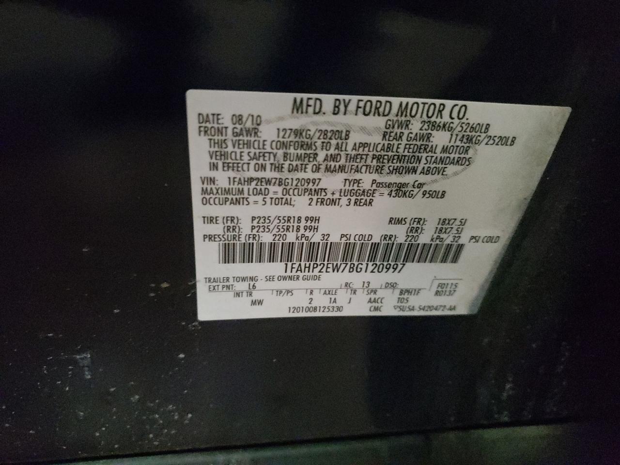 Photo 10 from auction – 2011 FORD TAURUS SEL with VIN 1FAHP2EW7BG120997