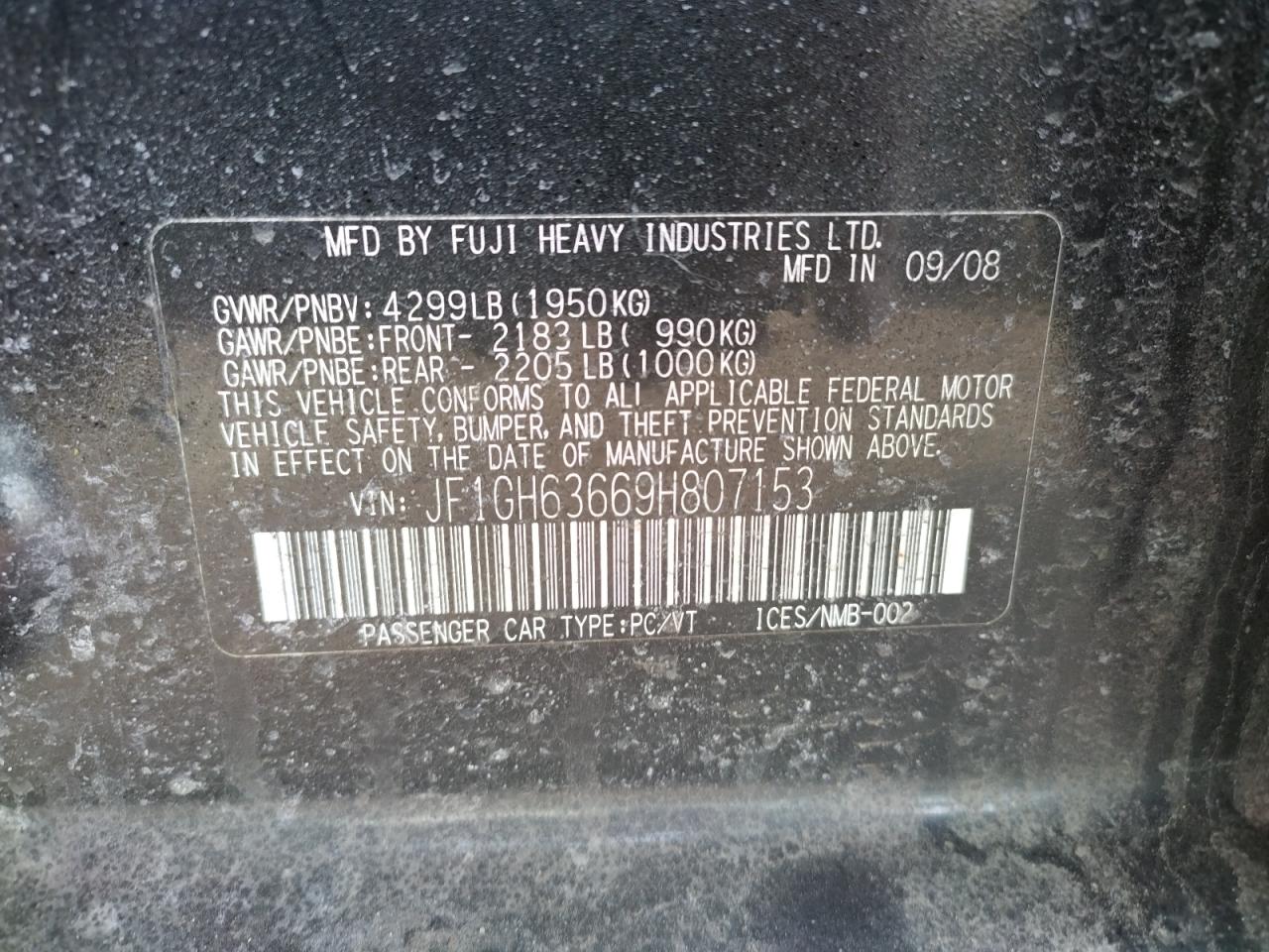 Photo 10 from auction – 2009 SUBARU IMPREZA OU with VIN JF1GH63669H807153