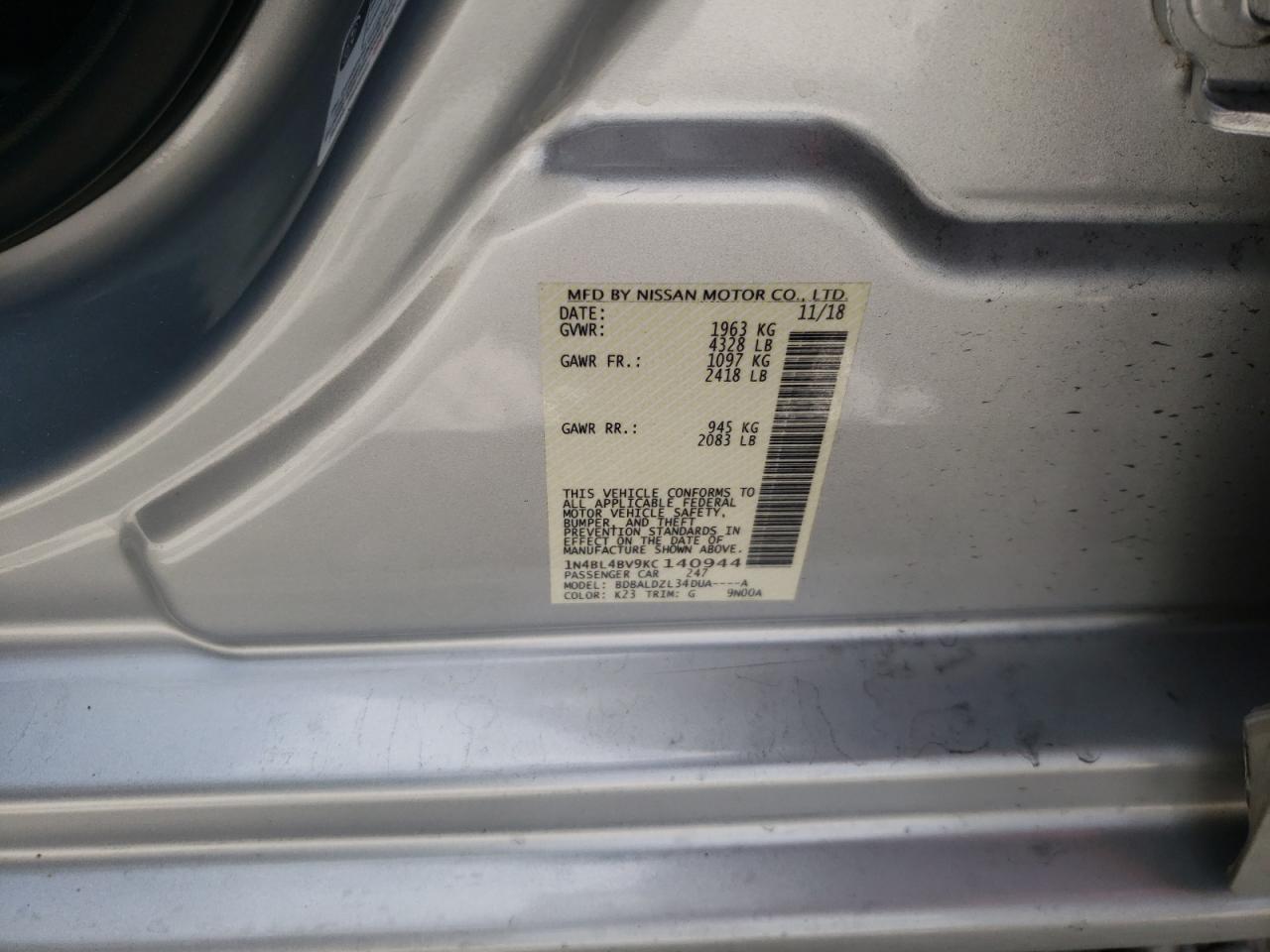 Photo 10 from auction – 2019 NISSAN ALTIMA S with VIN 1N4BL4BV9KC140944