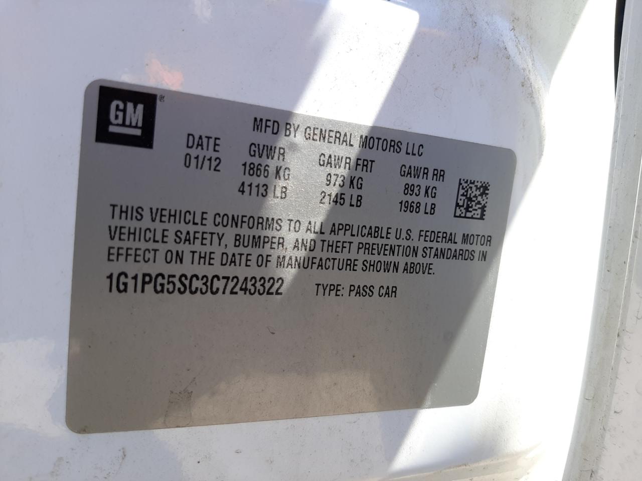 Photo 10 from auction – 2012 CHEVROLET CRUZE LT with VIN 1G1PG5SC3C7243322