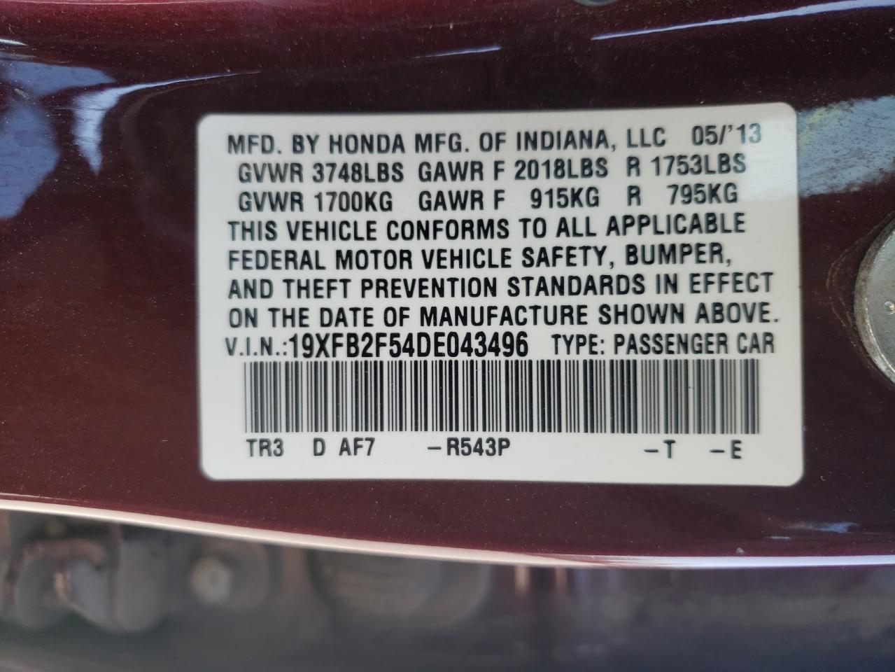 Photo 10 from auction – 2013 HONDA CIVIC LX with VIN 19XFB2F54DE043496