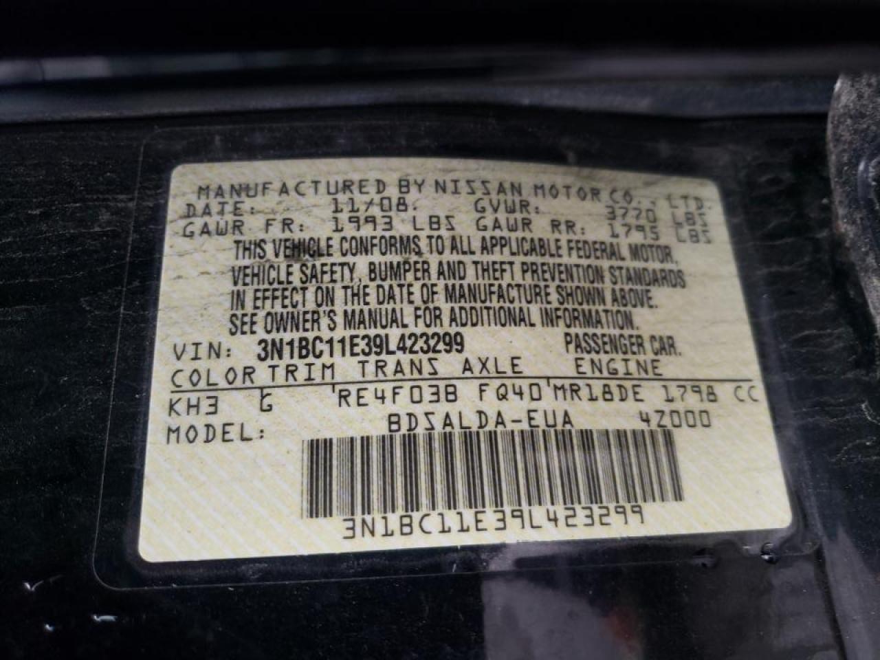 Photo 10 from auction – 2009 NISSAN VERSA S with VIN 3N1BC11E39L423299